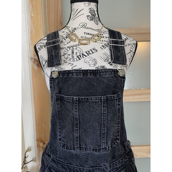 Denim Co Shortalls Short Overalls Size 6 Distressed Black Jean Raw Edge Cutoffs - Picture 2 of 11